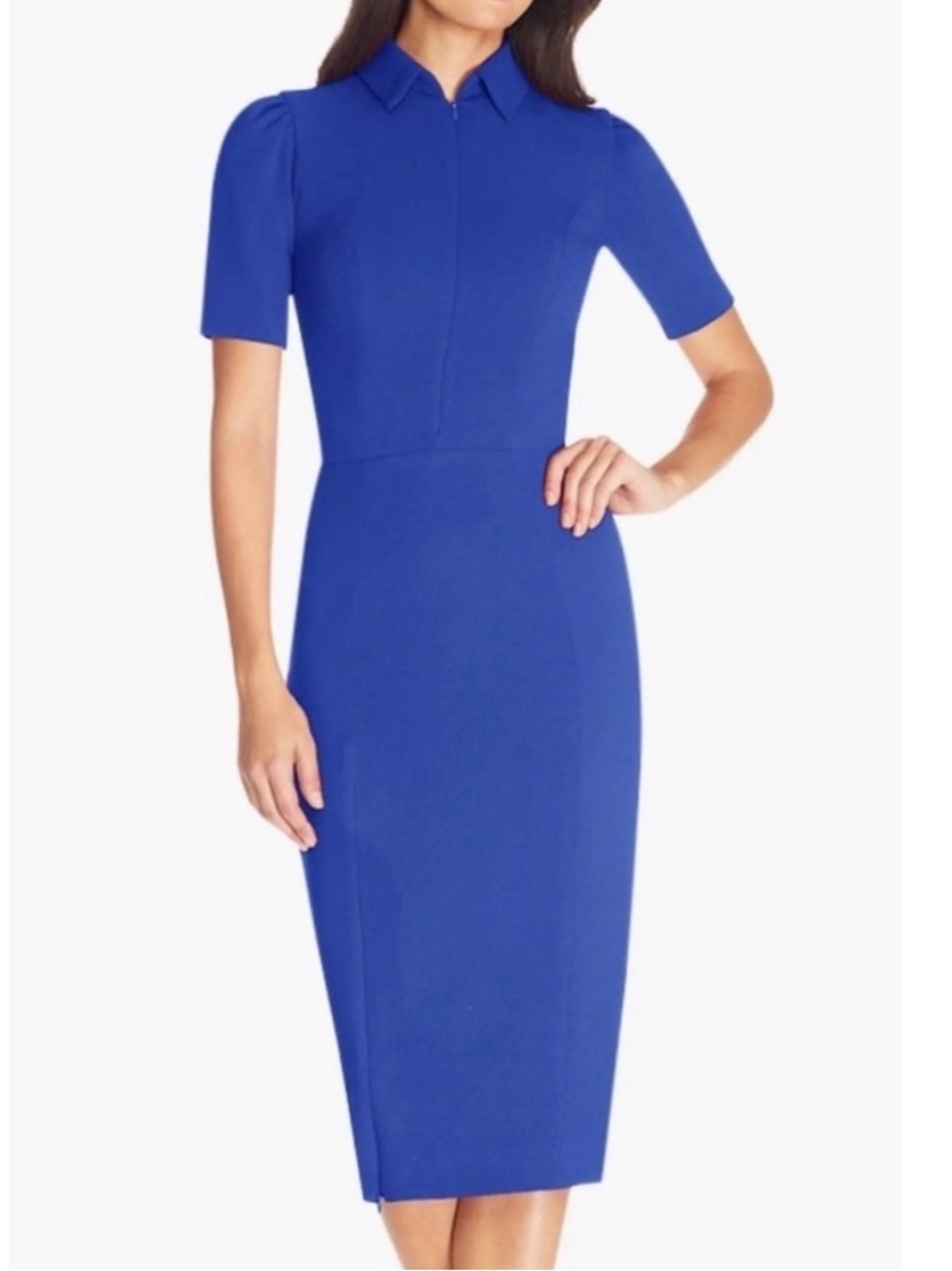 Dress the Population Gloria Front Zip Short Sleeve Sheath Dress Cobalt Blue M